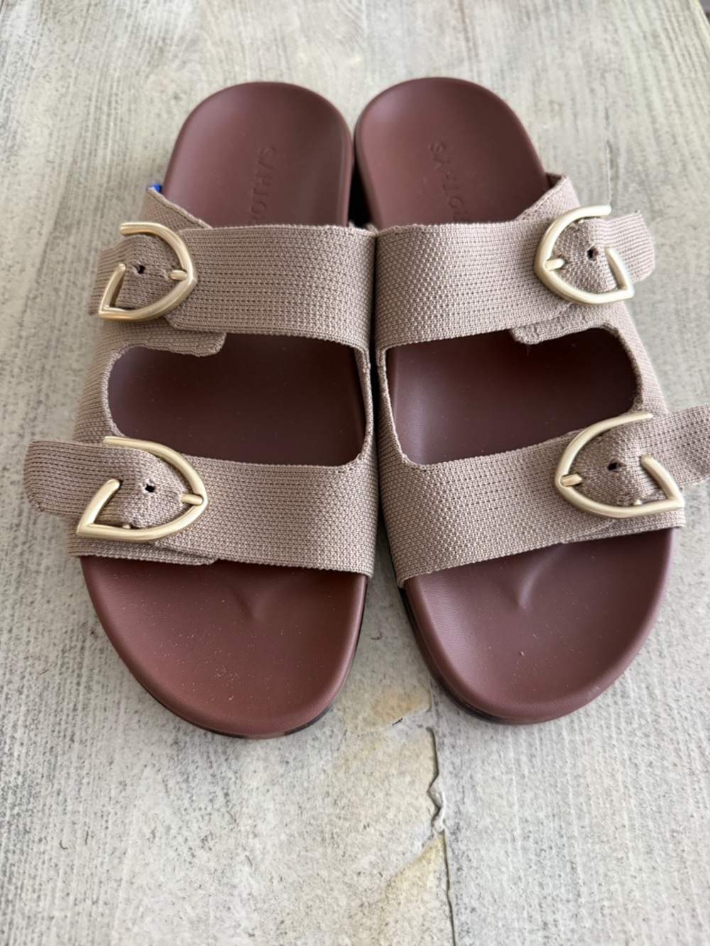 Rothy’sNeutral Tan Double-Buckle Slide Sandals